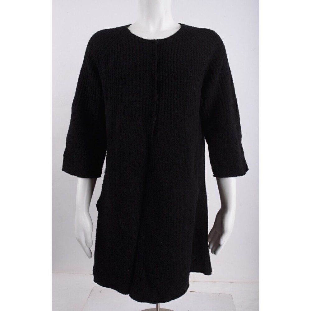 Eileen Fisher Womens Sweater Cardigan M Black Ribbed Wool Nylon Pockets Snaps